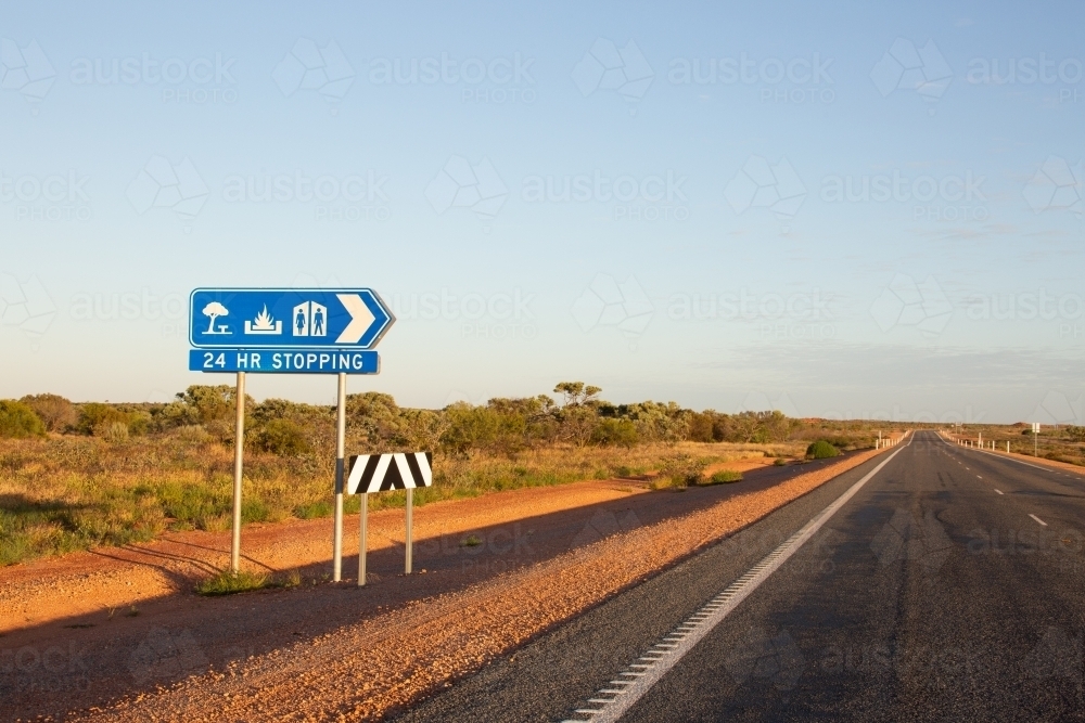 Image of Rest stop sign on side of outback highway Austockphoto