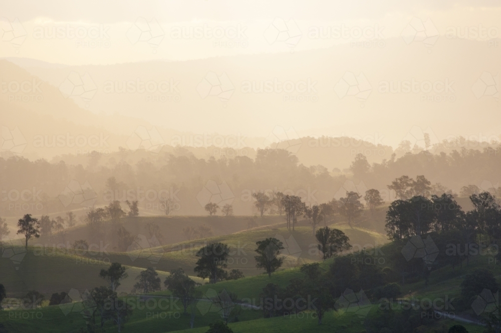 Ridge lines of farmland with trees and high key sky - Australian Stock Image