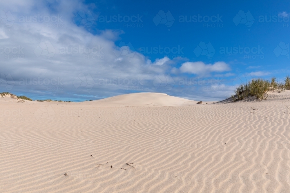 ripples in white sand dunes under blue sky - Australian Stock Image