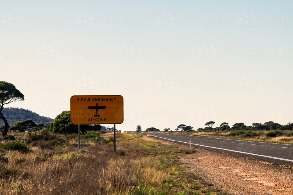 Road Airstrip landing sign on side of road, Eyre Highway, Western Australia - Australian Stock Image
