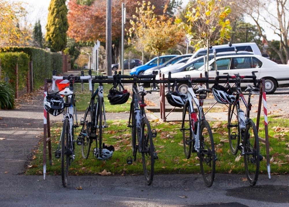 Road bikes on a rack outside a cafe - Australian Stock Image