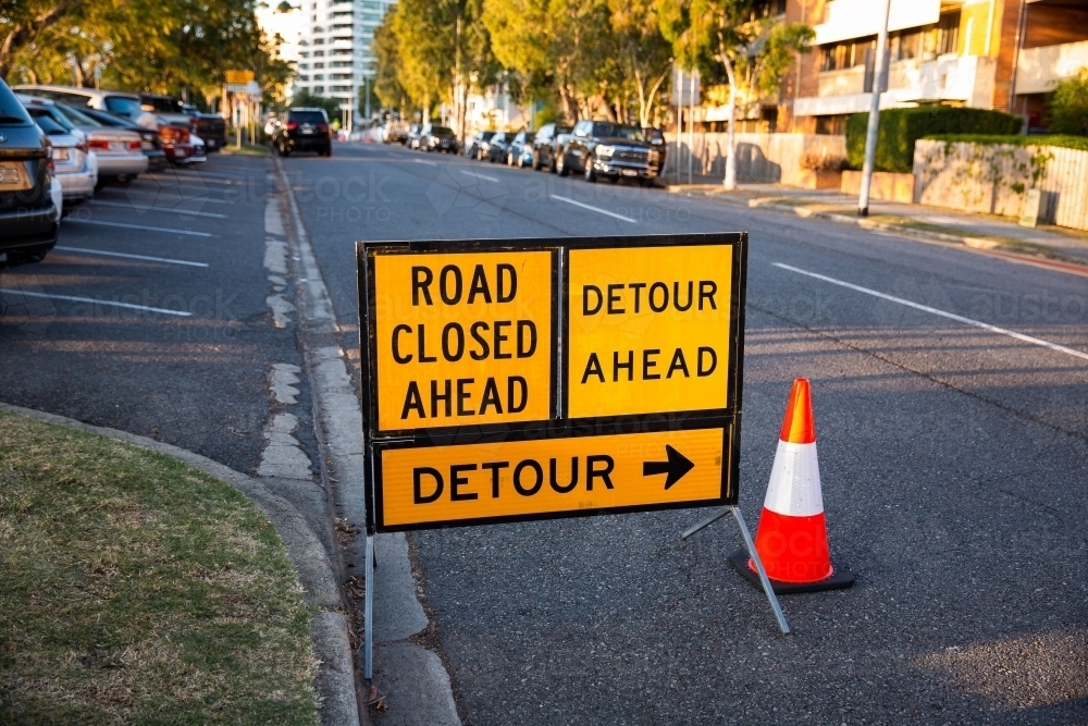 road closed and detour sign - Australian Stock Image