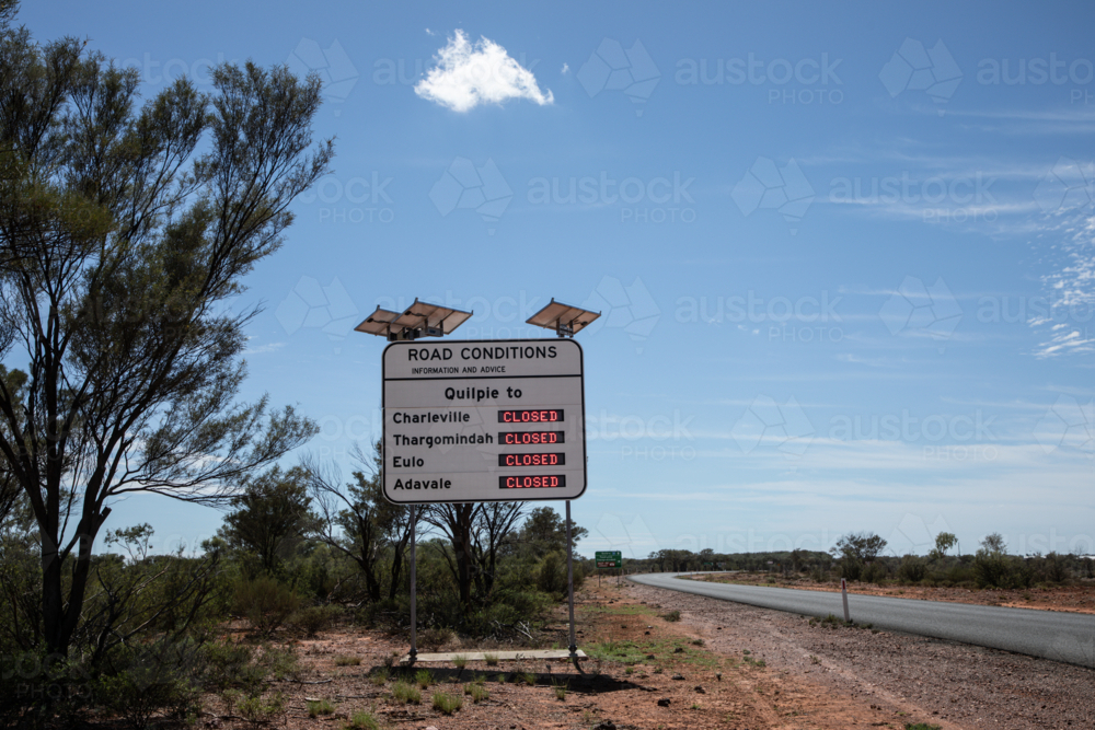 Road closures sign during flood event - Australian Stock Image