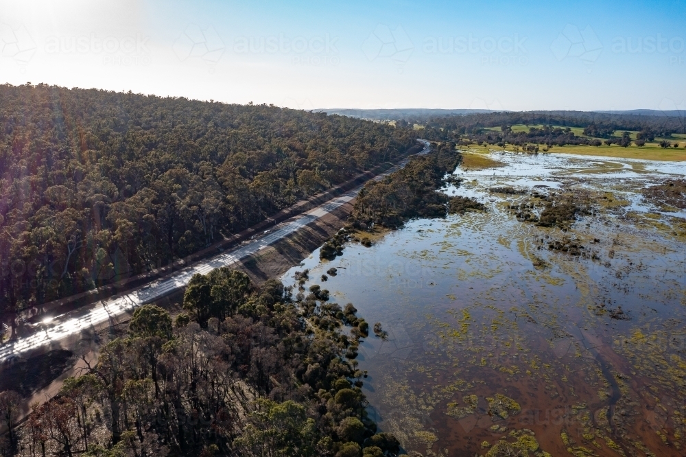 road curving around forest near wetland - Australian Stock Image