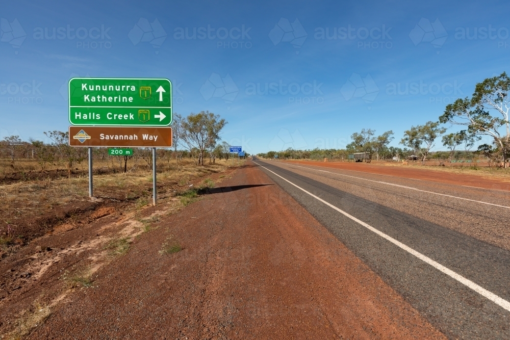 road sign announcing Savannah Way between Wyndham and Kununurra - Australian Stock Image