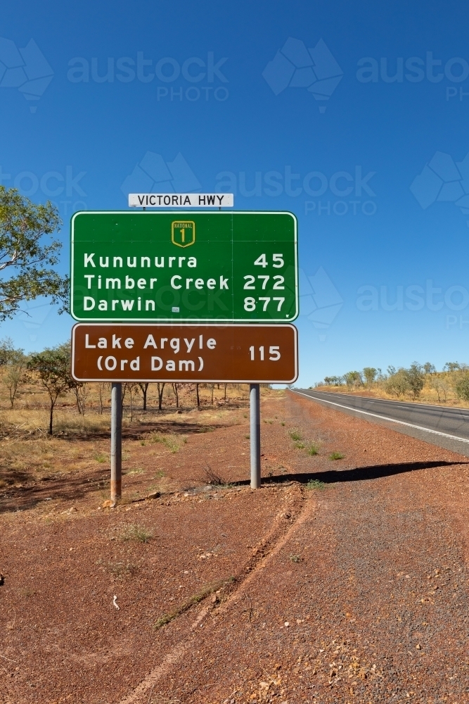 road sign in the Kimberley giving distances to northern towns - Australian Stock Image
