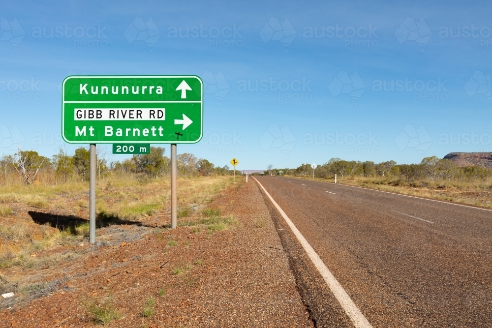 road sign on Victoria Highway at Gibb River Road turnoff - Australian Stock Image