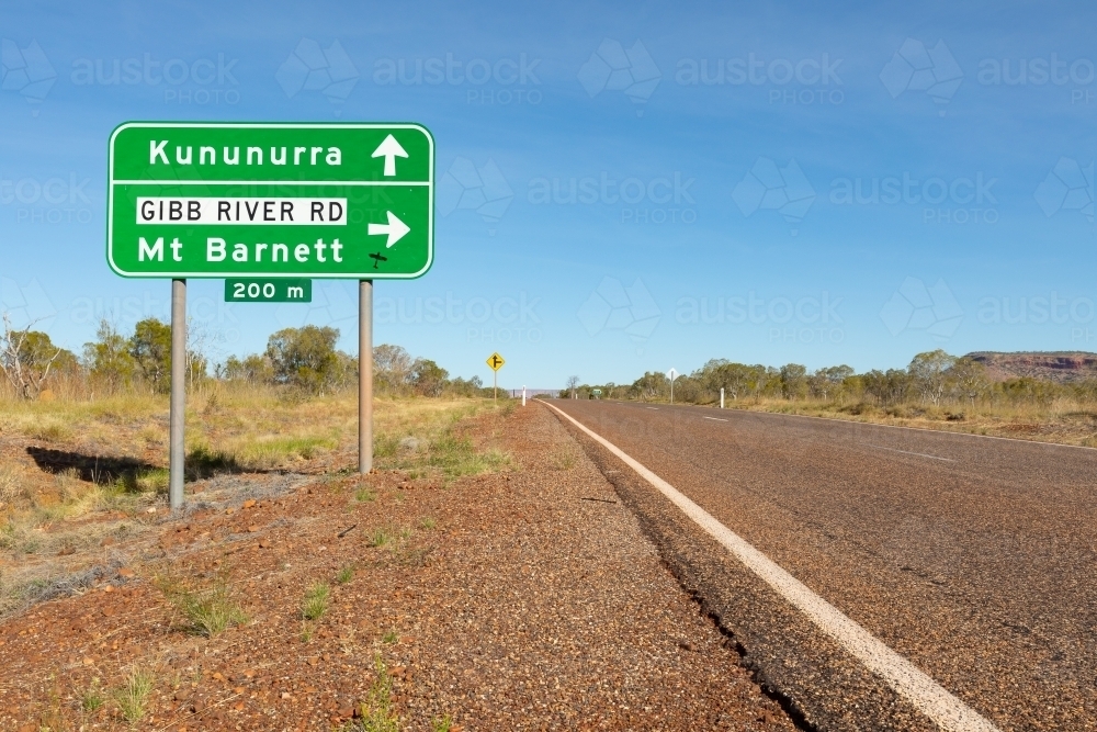 road sign on Victoria Highway at Gibb River Road turnoff - Australian Stock Image