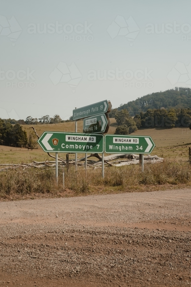 Road signs at an intersection of an unsealed gravel road - Australian Stock Image
