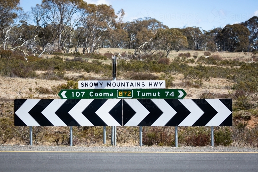 Road signs for Cooma and Tumut on the Snowy Mountains Highway - Australian Stock Image