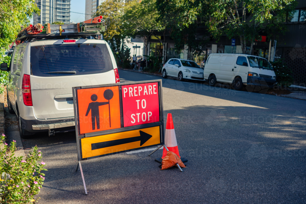 Road Work Sign on a Suburban Street - Australian Stock Image