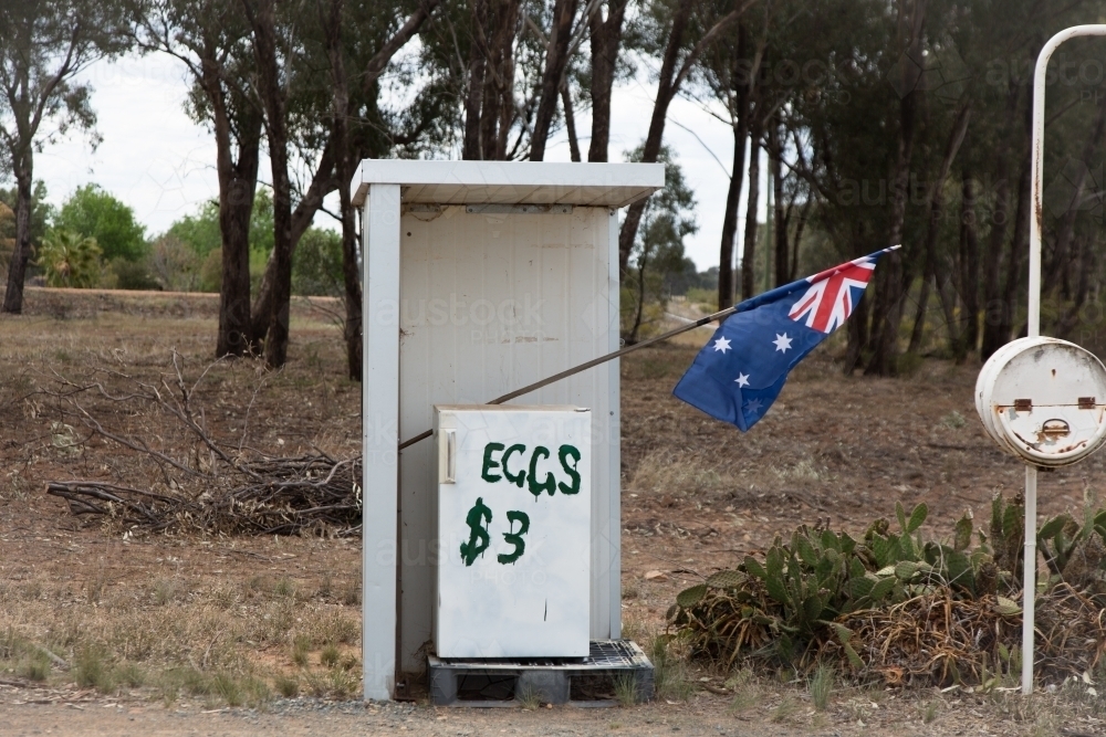 Roadside egg stall, mailbox and australian flag - Australian Stock Image