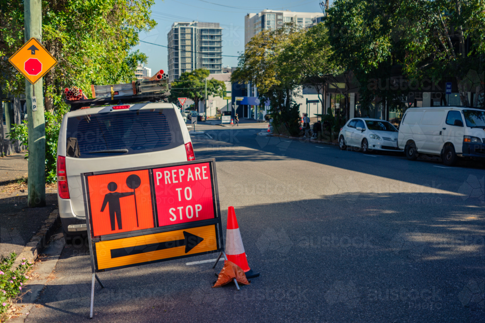 Roadwork Sign on Suburban Street - Australian Stock Image