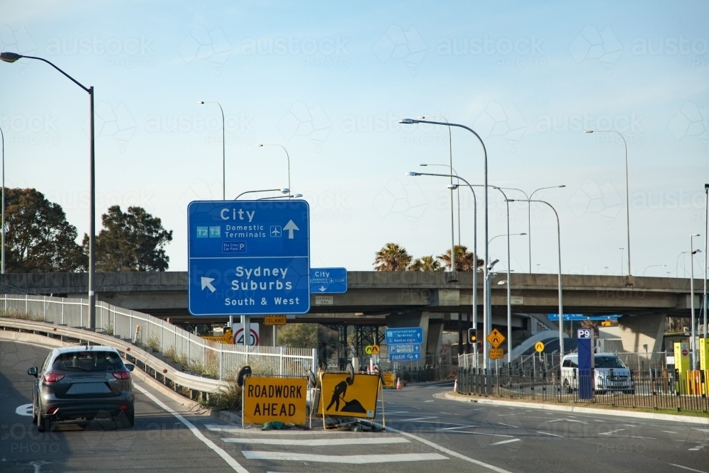 Roadwork signs on Sydney road directions to Sydney suburbs - Australian Stock Image