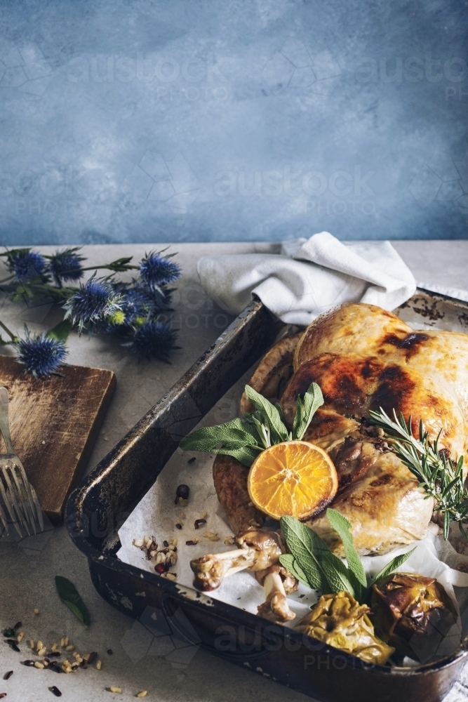 Roast turkey in a baking tray - Australian Stock Image