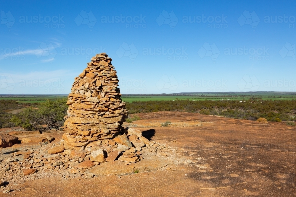 rock cairn on top of Beringbooding Rock near Mukinbudin - Australian Stock Image