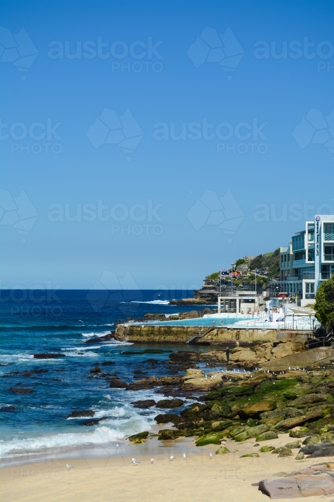 Rock pool, beach and the open sea with seagulls on rocks - Australian Stock Image