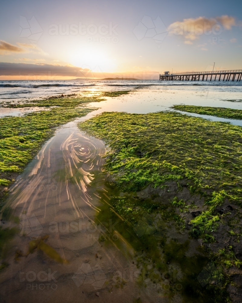 Rock Pools Streams and a Pier in the Sunrise - Australian Stock Image