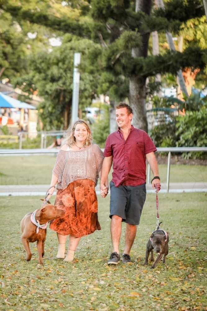 Image of Romantic couple walking dogs in the park in golden afternoon ...