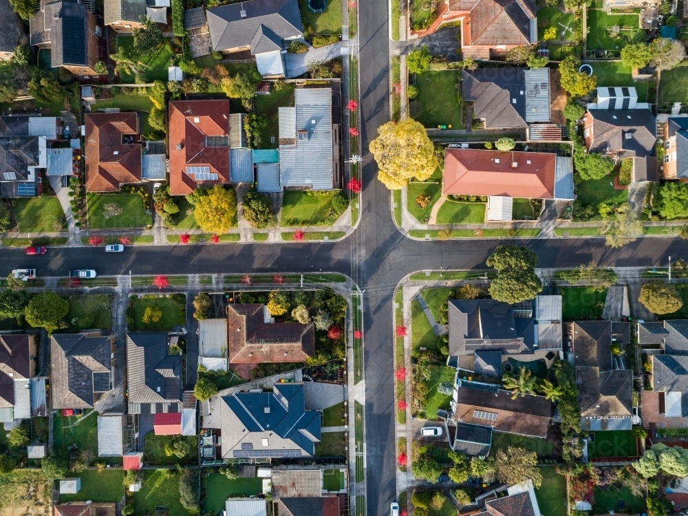Rooftops of homes in suburbia in autumn Melbourne suburb of Vermont South - Australian Stock Image