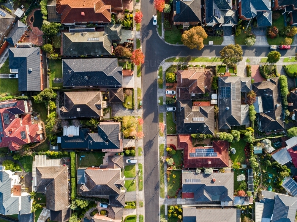 Rooftops of homes in suburbia in autumn Melbourne suburb of Vermont South - Australian Stock Image