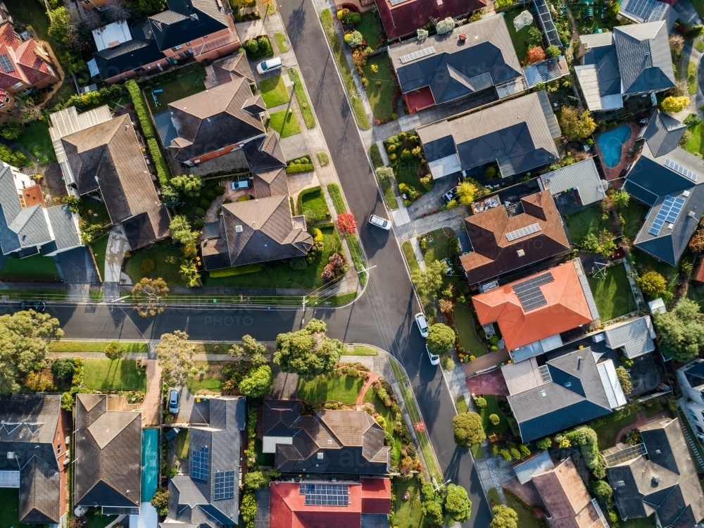 Rooftops of homes in suburbia in autumn Melbourne suburb of Vermont South - Australian Stock Image