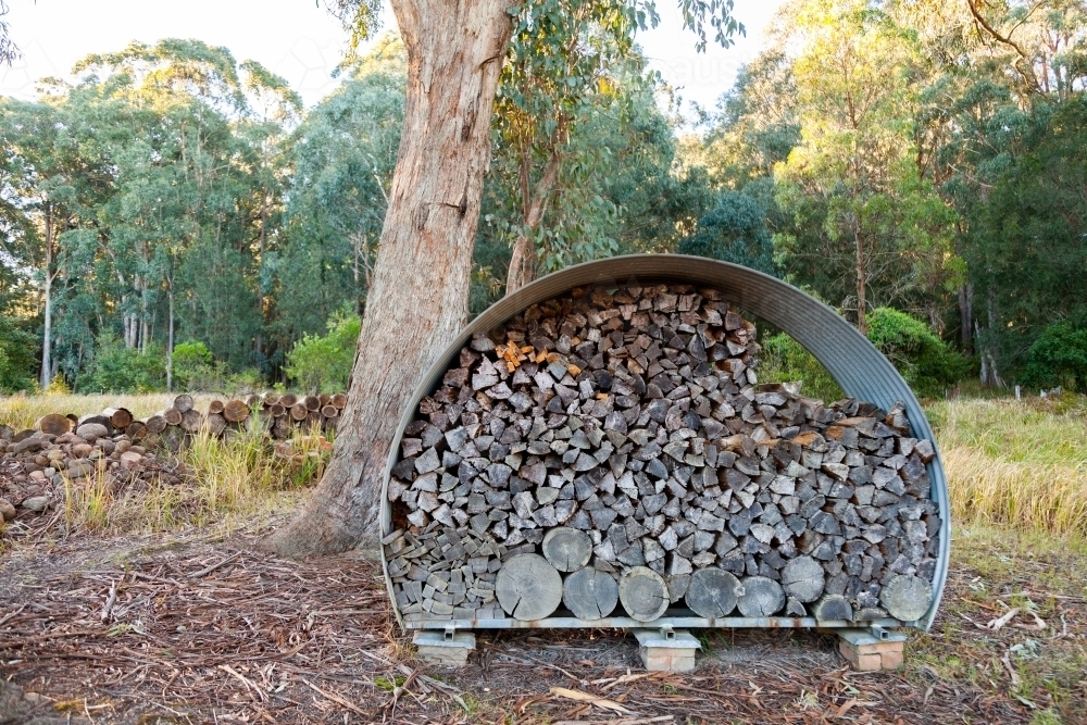Round tree branches cut and stacked for drying for firewood - Australian Stock Image
