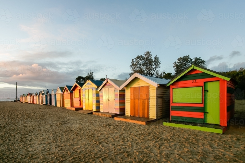 Row of bathing boxes at a city beach - Australian Stock Image