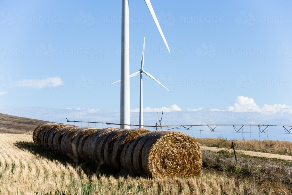 Row of hay bales with wind turbines and sprayer in background - Australian Stock Image