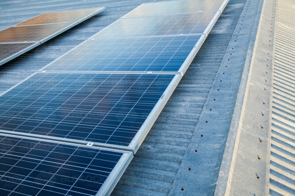 Image of Row of solar panels on a corrugated iron roof Austockphoto