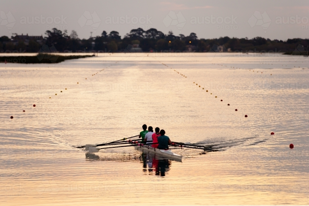 Rowing training on a lake in the evening - Australian Stock Image