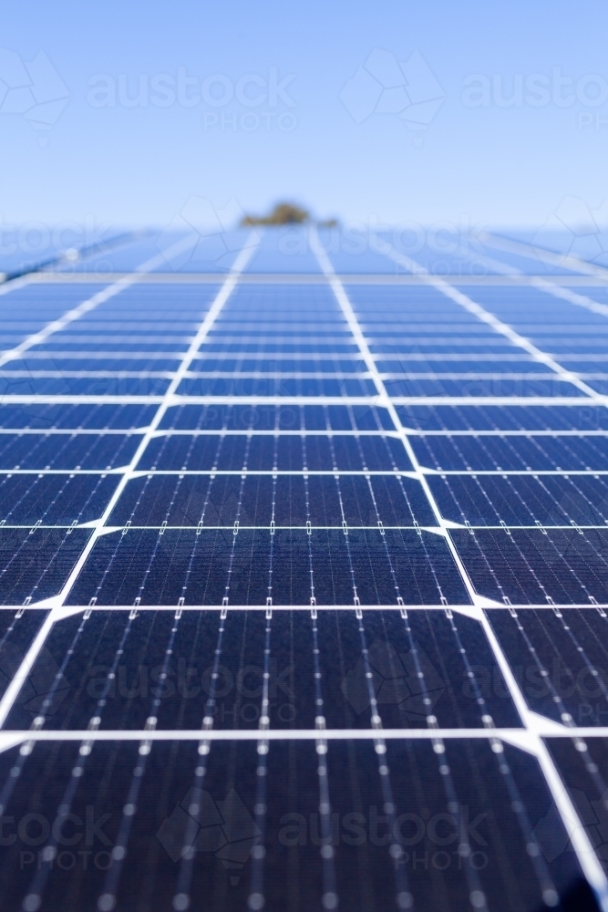 Rows of blue solar panels up to sky on roof of home - Australian Stock Image