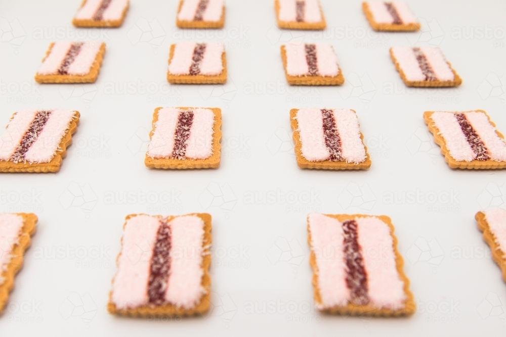 Rows of Iced vovo biscuits - Australian Stock Image