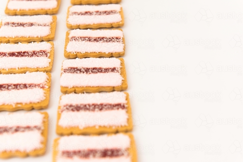 Rows of iced vovo biscuits - Australian Stock Image