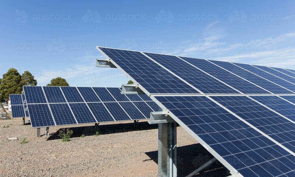 Image of Rows of solar panels at a solar panel plant - Austockphoto