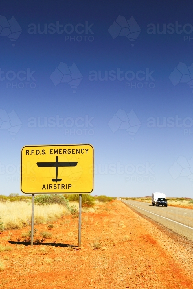Royal Flying Doctor Service emergency airstrip on highway - Australian Stock Image