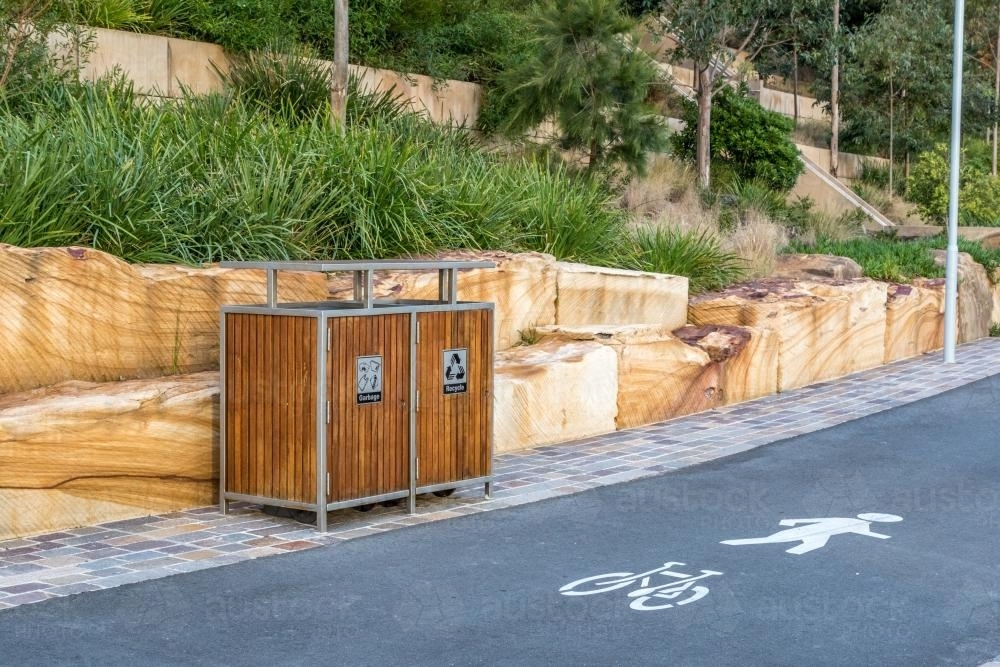 Rubbish and recycling bins along cycle/walkway at Barangaroo - Australian Stock Image