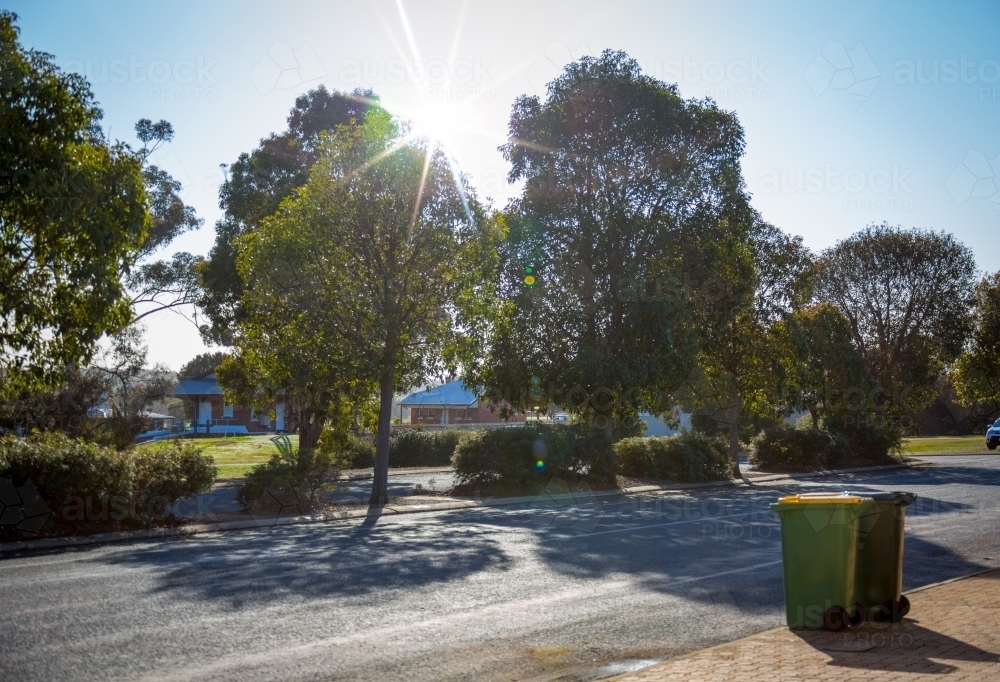 Image of Rubbish bins awaiting collection on the street - Austockphoto