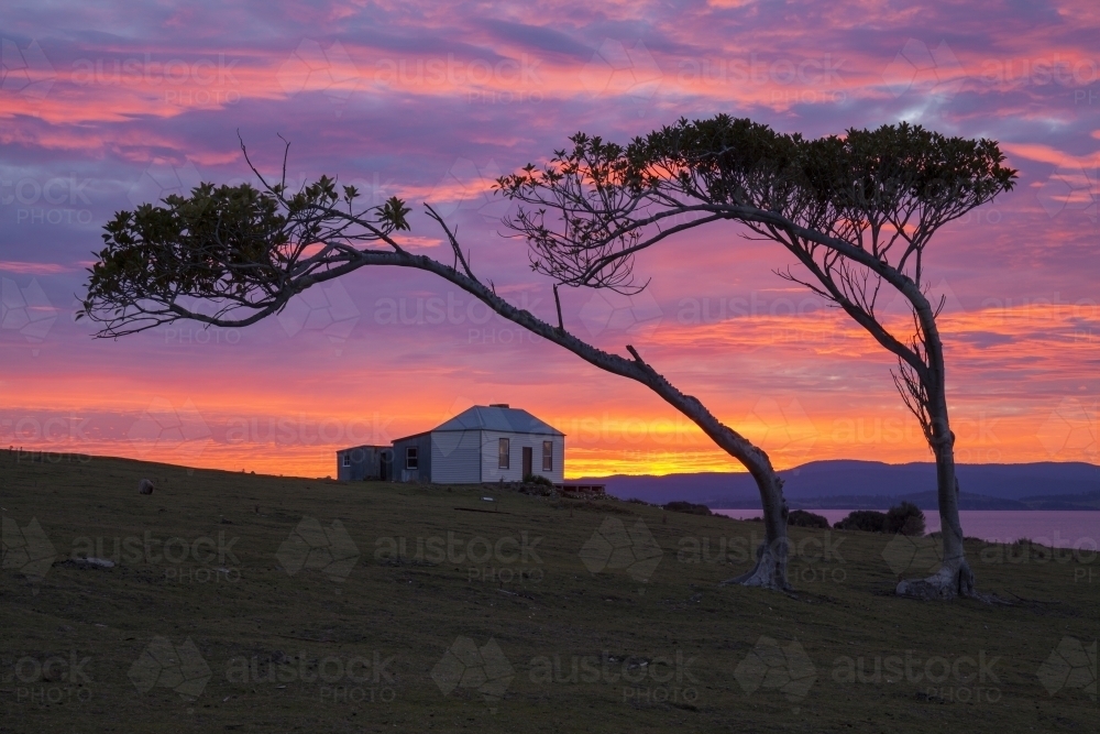 Ruby Hunt's Cottage at sunset - Maria Island National Park - Tasmania - Australia - Australian Stock Image