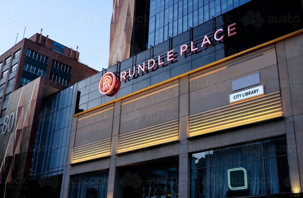 Rundle Place signage on a building in Rundle Mall - Australian Stock Image