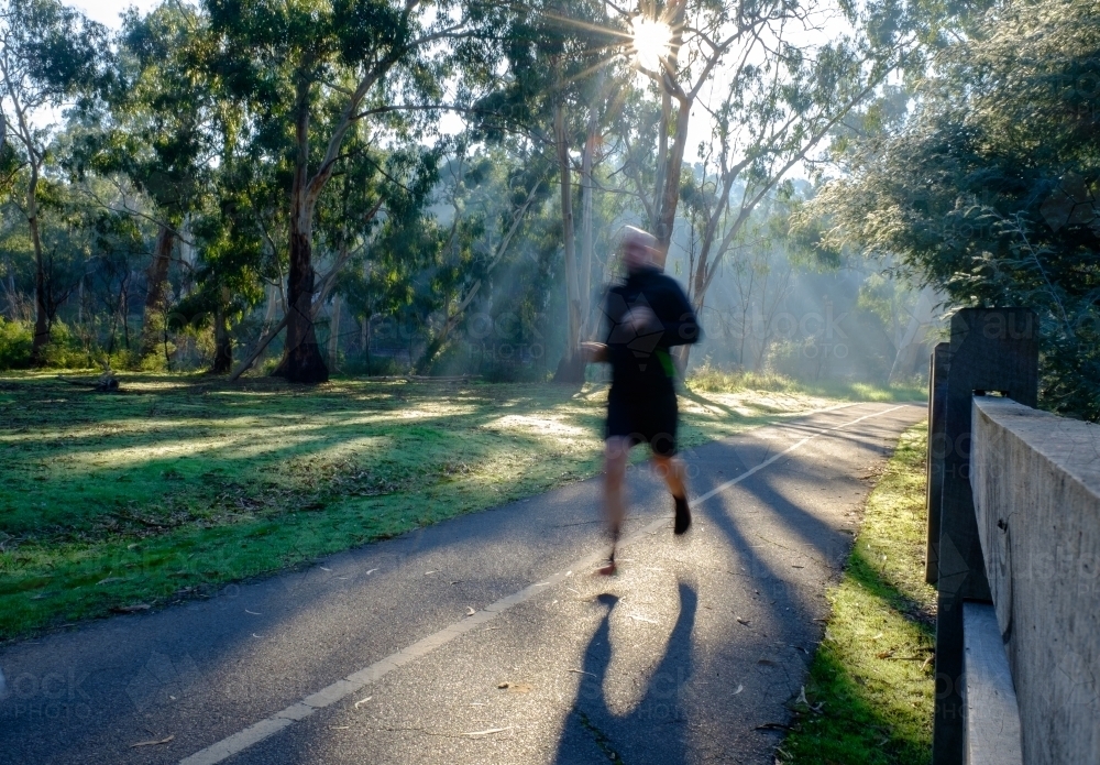 Runner on Diamond Creek Trail on Foggy Morning - Australian Stock Image