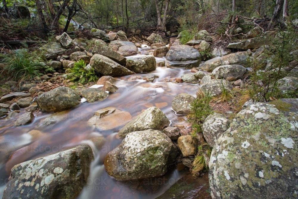 Running stream flowing among boulders in the forest - Australian Stock Image