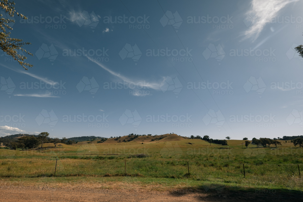 Image of Rural landscape with rolling hills and trees under a clear sky ...