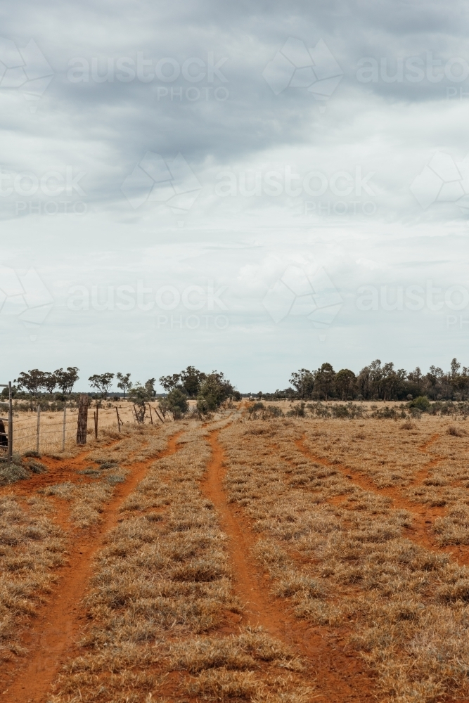 Rural landscape with tyre tracks on red dirt - Australian Stock Image