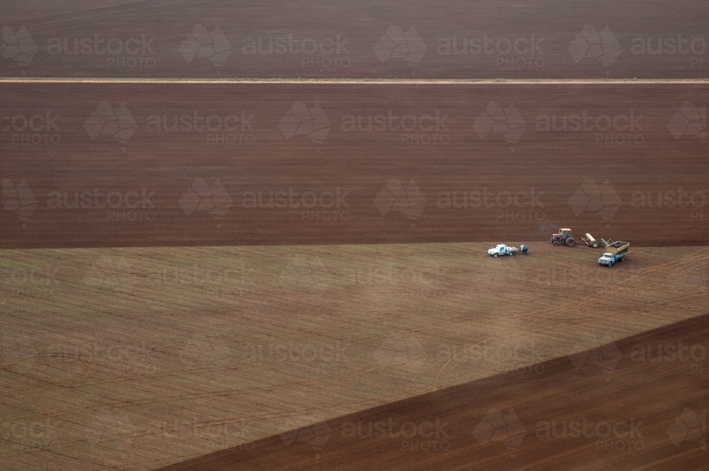 Rural Outback Aerial Landscape with Trucks and Farm Machinery - Australian Stock Image
