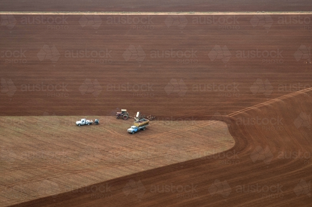 Rural Outback Aerial Landscape with Trucks and Farm Machinery - Australian Stock Image
