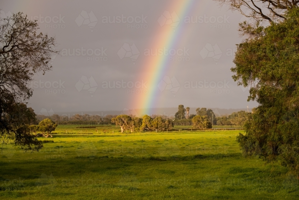 Rural scene with a rainbow hitting the trees - Australian Stock Image