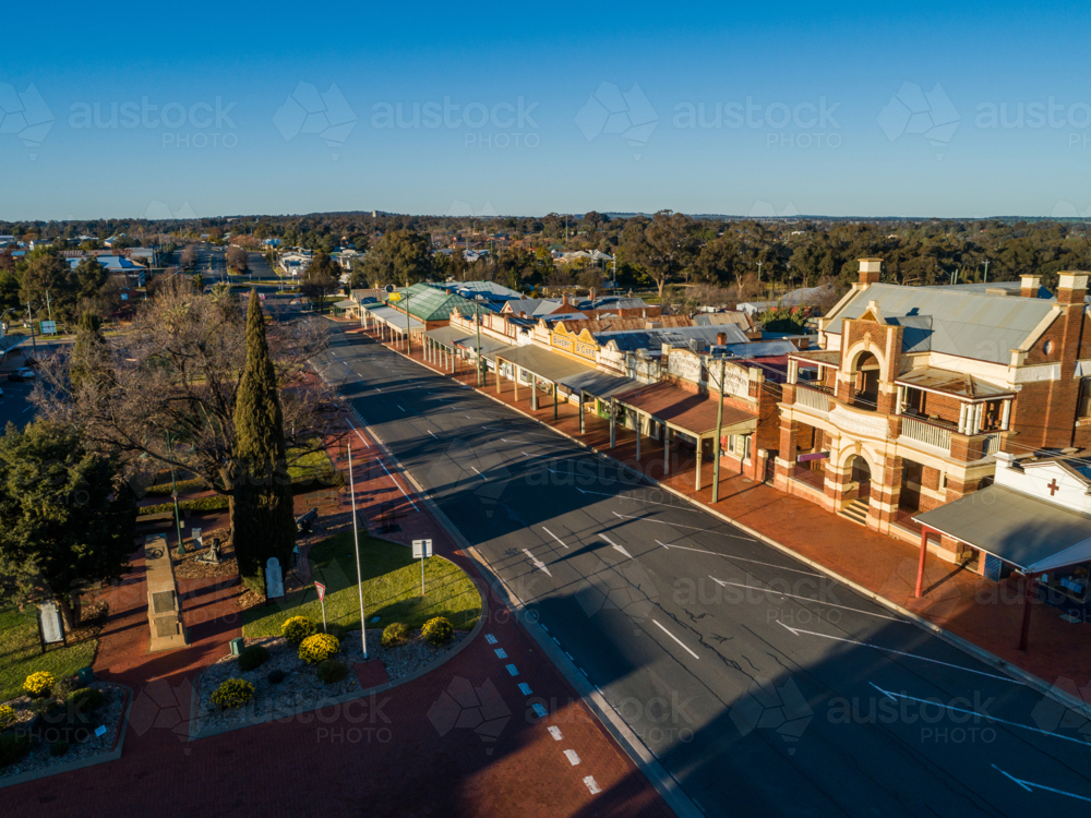 Rural town architecture along main street seen from aerial perspective - Australian Stock Image