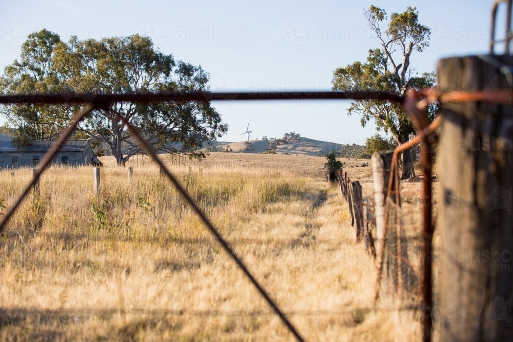 Rural Wind Turbines in a farm setting with a paddock gate in foreground - Australian Stock Image