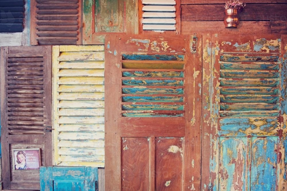 Rustic Feature Wall of old doors - Australian Stock Image